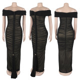 Mesh Ruched Off Shoulder Maxi Dress GTYZ-7555
