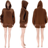 Solid Thickened Fleece Hooded Sweatshirt Shorts Set SSNF-211254