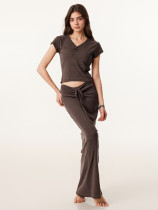 V Neck Short Sleeve Tops Long Skirts 2 Piece Set GZJF-1420