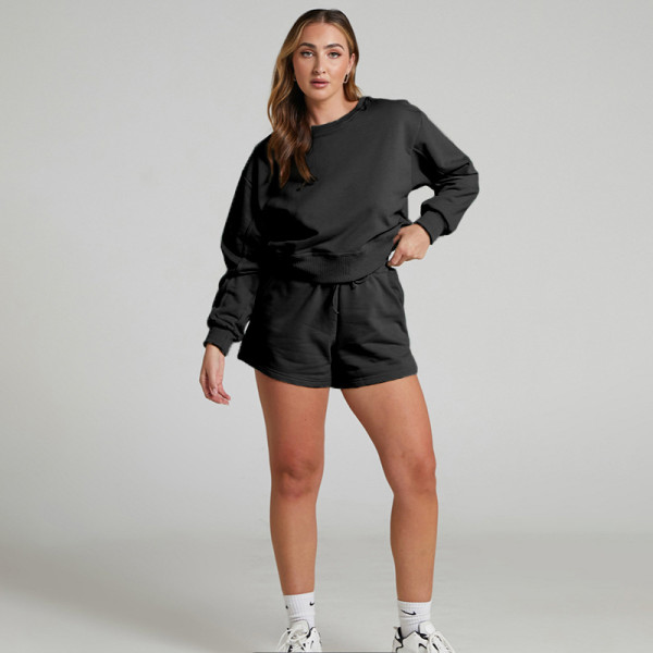 Solid Color Long Sleeve Sweatshirt Two Piece Shorts Set SSNF-211129