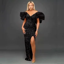 Sequin Ruffles V Neck Split Maxi Dress GMYU-2665