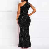 Slash Shoulder Chain Sequin Maxi Dress GMYU-2522