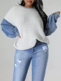 Plus Size Fashion Denim Patchwork Knits Tops ZDF-31267