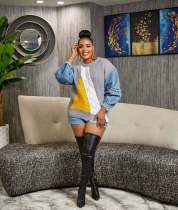 Plus Size Fashion Denim Patchwork Knits Tops ZDF-31267