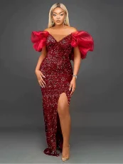 Sequin Ruffles V Neck Split Maxi Dress GMYU-2665