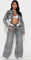 Fashion Denim Long Sleeve Coat Two Piece Pants Set GMYU-6518