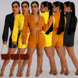 Long Sleeve V Neck Two Piece Shorts Set YD-1155