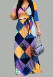 Print V Neck 3/4 Sleeve Maxi Dress XMY-N003