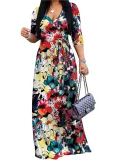 Print V Neck 3/4 Sleeve Maxi Dress XMY-N003