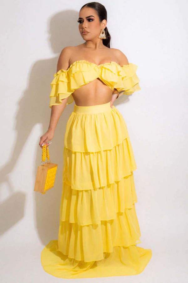 Plus Size Off Shoulder Wrap Chest Two Piece Skirts Set GHXF-HX0185