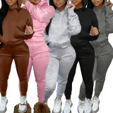 Solid Color Long Sleeve Hooded Two Piece Pants Set LSD-035