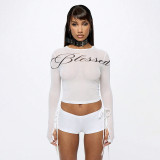 Letter Print Long Sleeve Tie Up Two Piece Shorts Set MXBF-Q25ST455