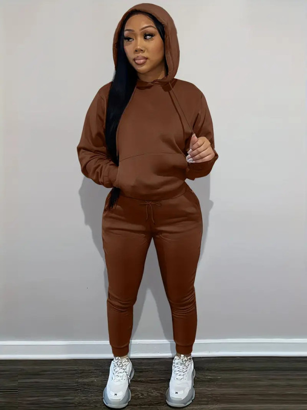 Solid Color Long Sleeve Hooded Two Piece Pants Set LSD-035