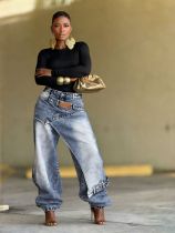 Plus Size Fashion Irregular Washed Loose Jeans GYLN-4901