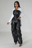 Plus Size Off Shoulder PU Leather Jumpsuit GHXF-HX0395