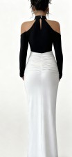 Contrast Color Ruched Split Maxi Dress QODY-6073