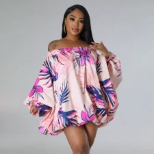 Plus Size Off Shoulder Print Bat Sleeve Mini Dress QYMF-3009