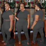 Plus Size Short Sleeve Solid Color Two Piece Pants Set OSIF-20735