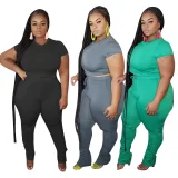 Plus Size Short Sleeve Solid Color Two Piece Pants Set OSIF-20735