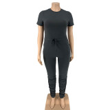 Plus Size Short Sleeve Solid Color Two Piece Pants Set OSIF-20735
