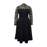 Plus Size Lace Patchwork Long Sleeve Long Dress NNWF-P3040