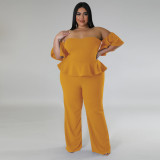 Plus Size Off Shoulder Short Sleeve Wide Leg Jumpsuit NNWF-7797