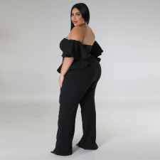 Plus Size Off Shoulder Short Sleeve Wide Leg Jumpsuit NNWF-7797