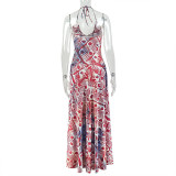 Print Halterneck V Neck Backless Maxi Dress GJYO-303907