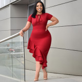 Plus Size Solid Color Tie Up Long Dress NNWF-6054