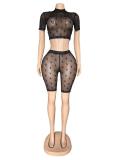 Sexy Fashion Mesh Short Sleeve Shorts Two Piece Set GFCF-1447