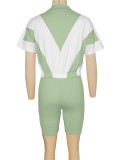 Contrast Color Zipper Tops+Shorts Sport Two Piece Set SH-391401
