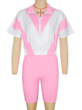 Contrast Color Zipper Tops+Shorts Sport Two Piece Set SH-391401