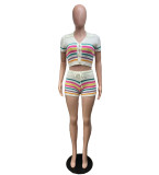 Stripe Knits Two Piece Shorts Set QXTF-83028
