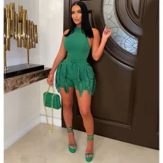 Solid Color Sleeveless Tassel Two Piece Shorts Set MDF-5330