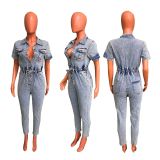 Fashion Washed Drawstring Tie Up Denim Jumpsuit LX-3560