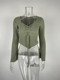 V Neck Drawstring Flare Sleeve Short Tops GZJF-2582