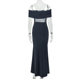 One Shoulder Mesh Patchwork Maxi Dress GJYO-303777