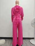 Solid Color Hooded Tie Up Two Piece Pants Set TK-6347