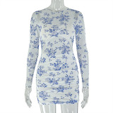 Long Sleeve Print Ruched Mini Dress GJYO-303609