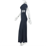 One Shoulder Mesh Patchwork Maxi Dress GJYO-303777