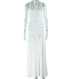 Halterneck Deep V Neck Solid Color Maxi Dress GJYO-300950