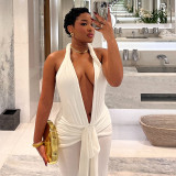 Solid Color Halterneck Backless Split Maxi Dress GJYO-301928