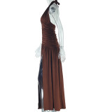Halterneck Deep V Neck Solid Color Maxi Dress GJYO-300950