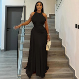 Solid Color Sleeveless Ruched Maxi Dress GJYO-303195