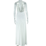 Halterneck Deep V Neck Solid Color Maxi Dress GJYO-300950