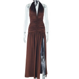 Halterneck Deep V Neck Solid Color Maxi Dress GJYO-300950