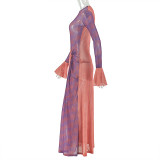 Irregular O Neck Print Ruched Maxi Dress GJYO-303672