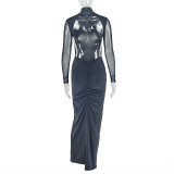 Mesh Patchwork High Collar Maxi Dress GJYO-303263