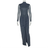 Mesh Patchwork High Collar Maxi Dress GJYO-303263