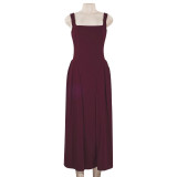 Square Neck Solid Color Big Swing Midi Dress GAXB-A704DS